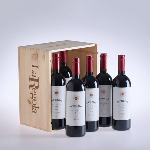 Weinflaschen mit Holzkiste Strido Toskana Rosso IGT, 6er Holzkiste, Bio