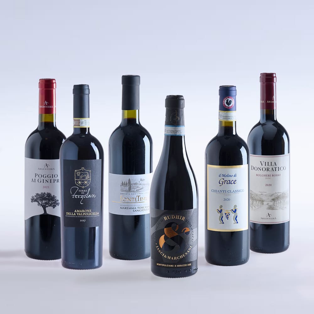 Fotoaufnahme zeigt Probierset Rotweine aus Italien.