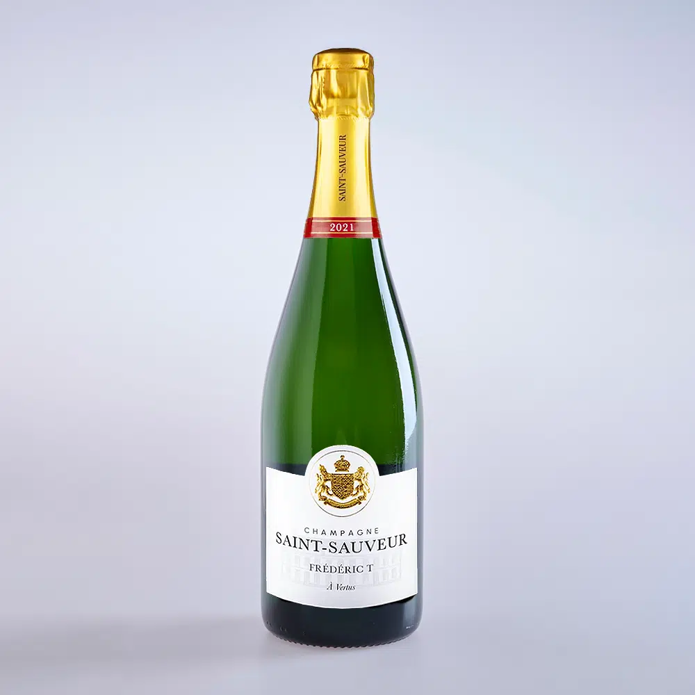 The photo shows a Federic T champagne bottle from Saint Sauveur